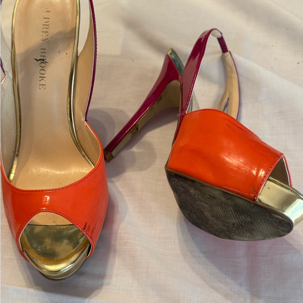 Audrey Brooke Orange and Pink Peep Toe Heels